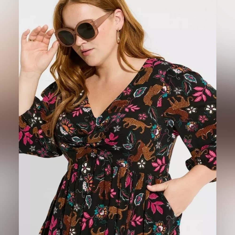 Torrid Leopard Leaves Black Mini Rayon Balloon Sleeve Twist Font Dress, Sz 2X